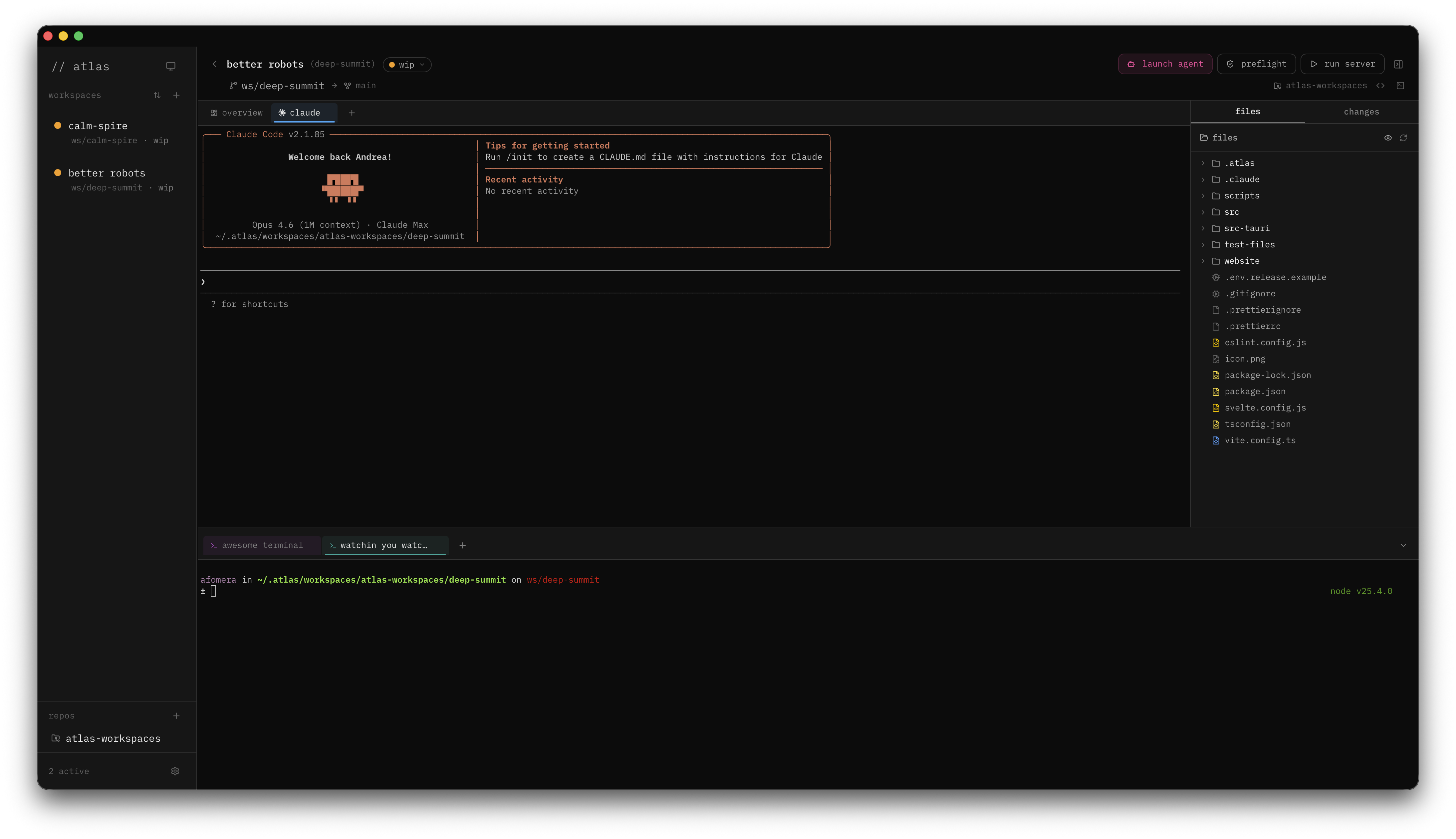 atlas workspaces — dark theme